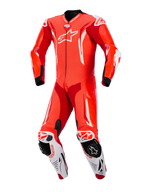 Fato de Couro de Uma Peça Alpinestars GP Tech V5, Vermelho Fluo, Vermelho Brilhante e Branco, vista frontal, fato de motociclismo profissional com couro perfurado, detalhes aerodinâmicos brancos e sliders de joelho integrados