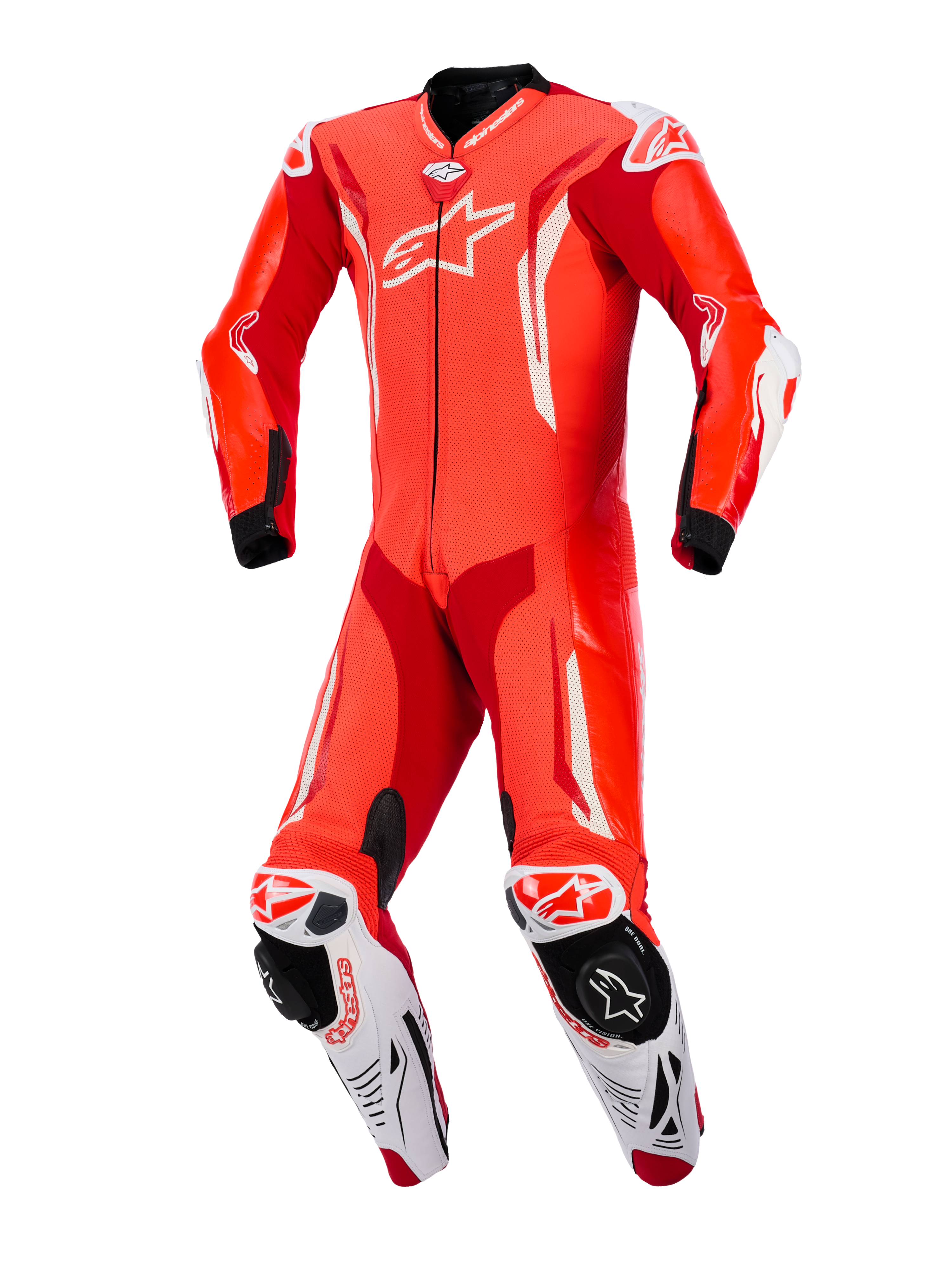 Fato de Couro de Uma Peça Alpinestars GP Tech V5, Vermelho Fluo, Vermelho Brilhante e Branco, vista frontal, fato de motociclismo profissional com couro perfurado, detalhes aerodinâmicos brancos e sliders de joelho integrados