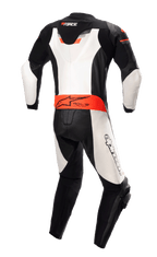 Alpinestars GP Force Chaser One Piece Leather Suit, Back View, Black White and Red Fluo, featuring an aerodynamic back hump, Tech-Air Ready branding on the waist, and white leather panels, professional bovine leather motorcycle racing suit