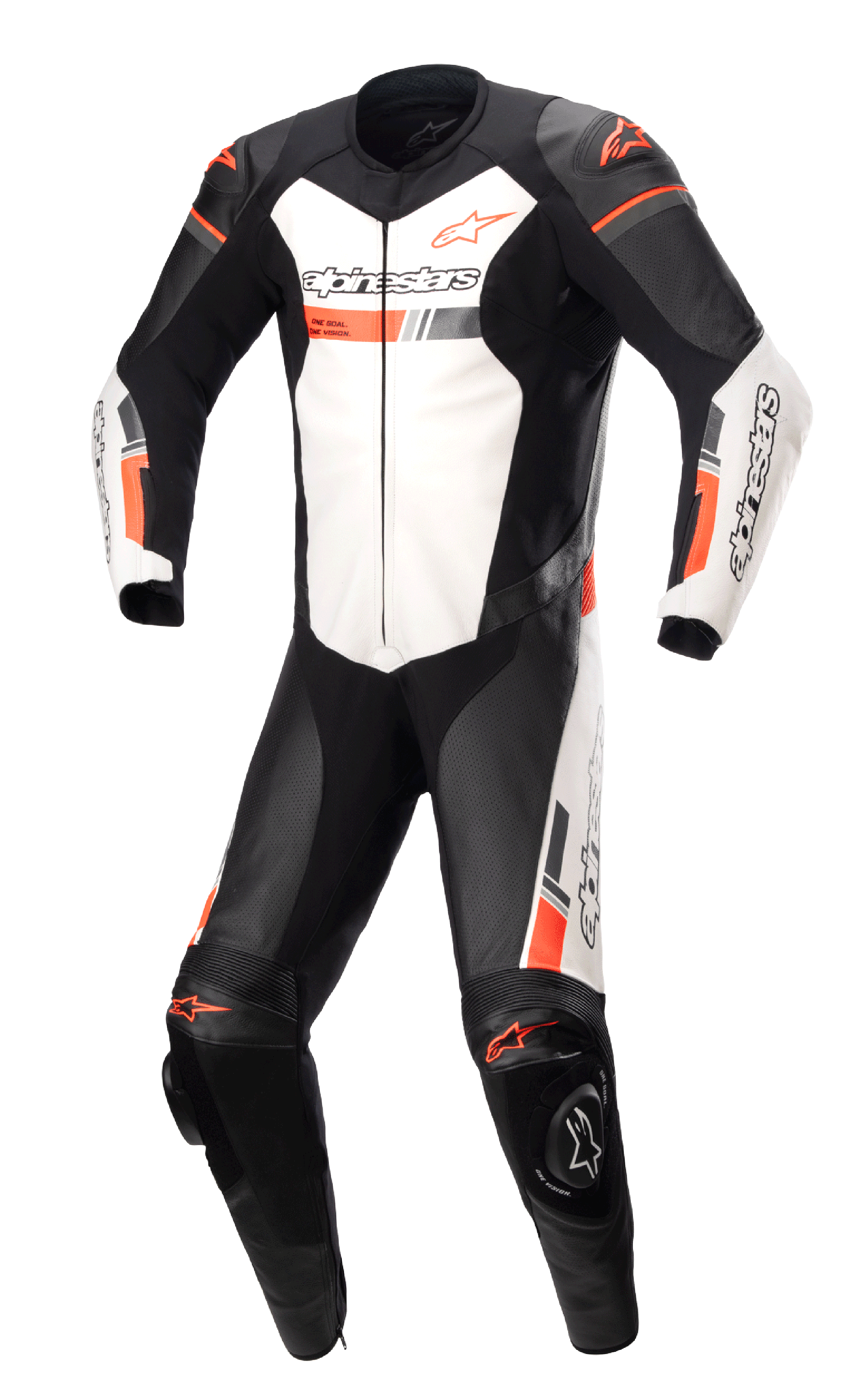 Alpinestars GP Force Chaser One Piece Leather Suit, Professional Motorcycle Racing Suit, Black and White with Fluorescent Red Accents, Perforated Leather Panels, External Shoulder and Knee Protectors, Bovine Leather Construction