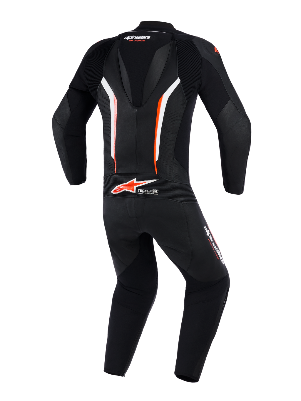 Fato de Pele Alpinestars GP Force V2 de 1 Peça, vista traseira, preto, branco e vermelho fluorescente, com corcova aerodinâmica, painéis de pele perfurada para ventilação e marca Tech-Air Ready na zona lombar, equipamento profissional de motociclismo.