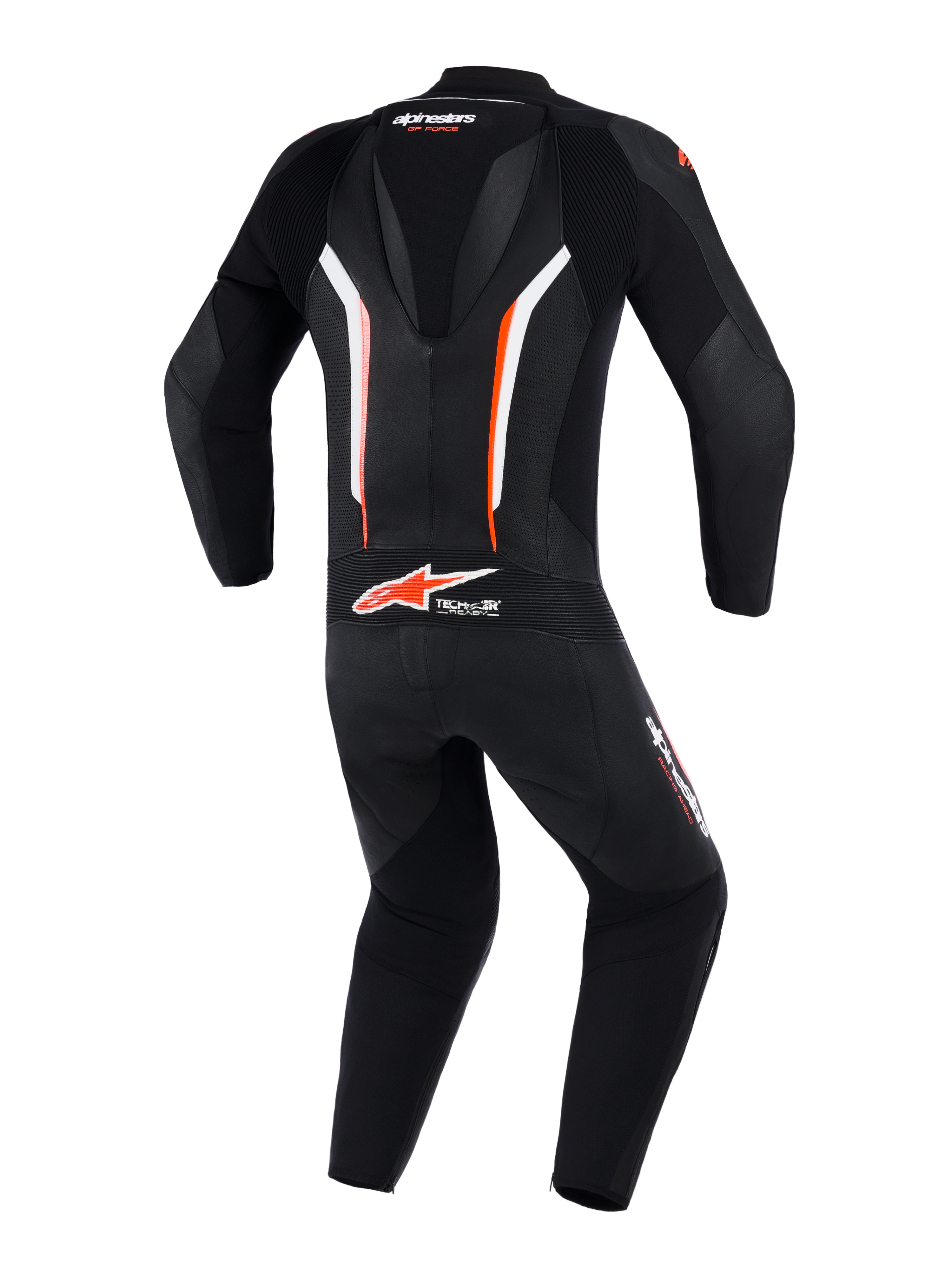 Fato de Pele Alpinestars GP Force V2 de 1 Peça, vista traseira, preto, branco e vermelho fluorescente, com corcova aerodinâmica, painéis de pele perfurada para ventilação e marca Tech-Air Ready na zona lombar, equipamento profissional de motociclismo.