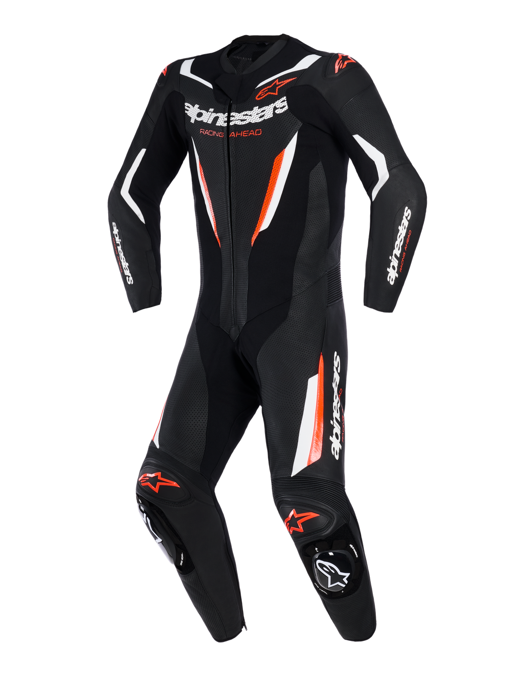 Alpinestars GP Force V2 Leather Suit, fato de motociclismo de uma peça, preto, branco e vermelho fluorescente, com painéis de pele perfurada, detalhes em branco e vermelho fluorescente, logótipo Alpinestars no peito e nas mangas, design profissional de pista.