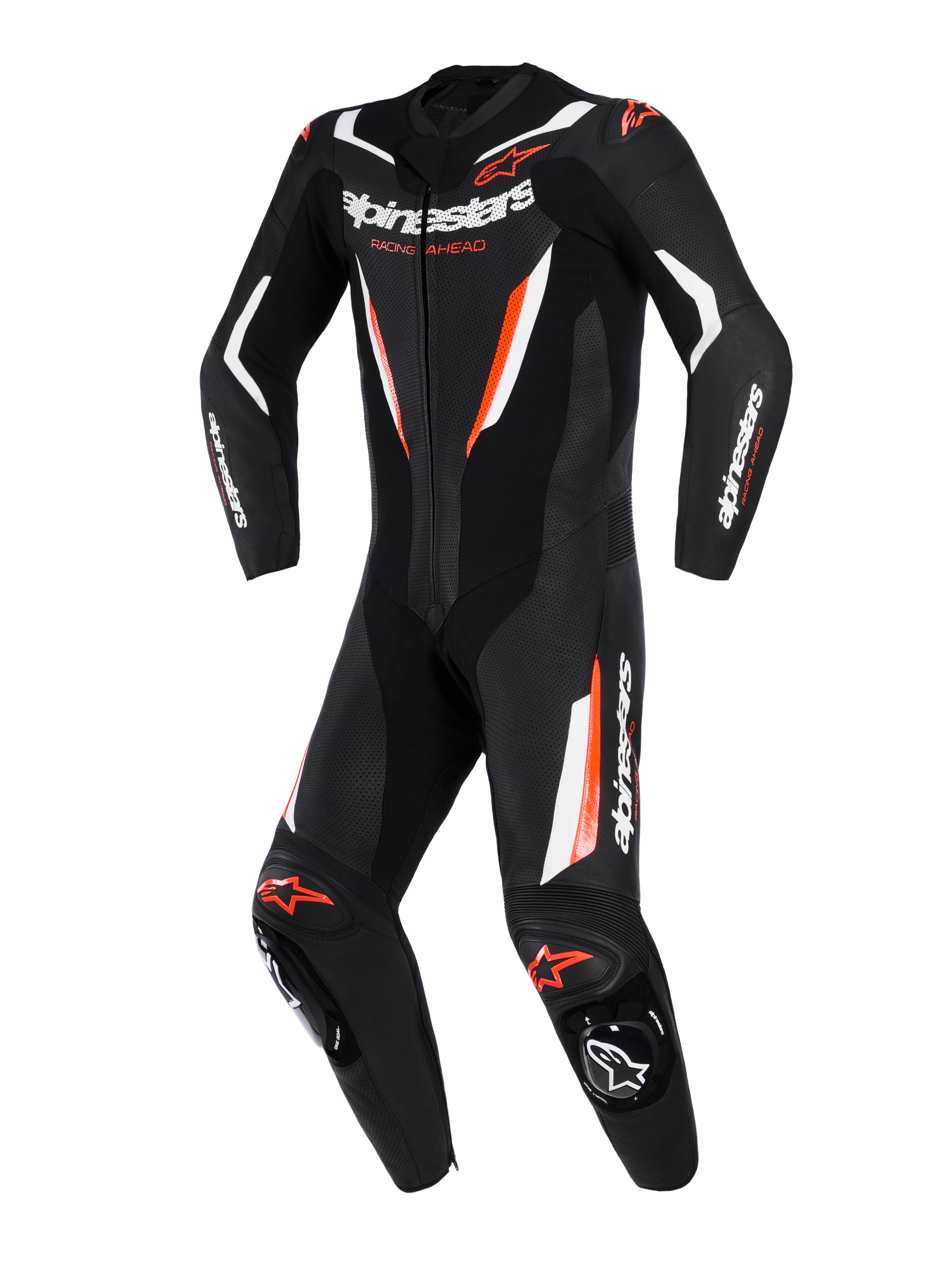 Alpinestars GP Force V2 Leather Suit, fato de motociclismo de uma peça, preto, branco e vermelho fluorescente, com painéis de pele perfurada, detalhes em branco e vermelho fluorescente, logótipo Alpinestars no peito e nas mangas, design profissional de pista.