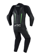 Alpinestars GP Force V2 Leather Suit - 1 Peça, vista traseira, preto com detalhes em verde fluorescente, com corcova aerodinâmica, painéis de pele perfurada, zonas elásticas sanfonadas e logótipo Tech-Air Ready, equipamento profissional de motociclismo