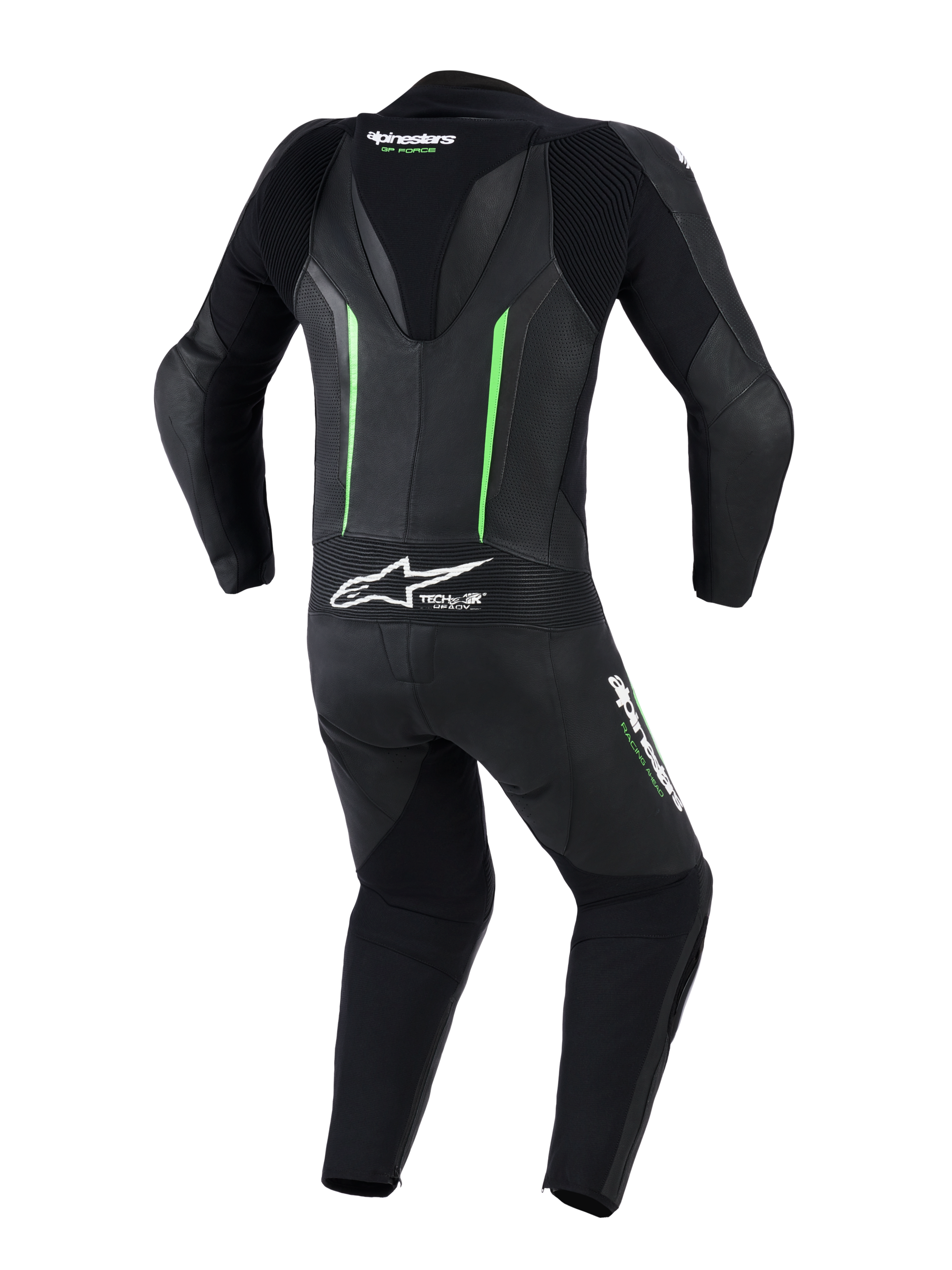 Alpinestars GP Force V2 Leather Suit - 1 Peça, vista traseira, preto com detalhes em verde fluorescente, com corcova aerodinâmica, painéis de pele perfurada, zonas elásticas sanfonadas e logótipo Tech-Air Ready, equipamento profissional de motociclismo