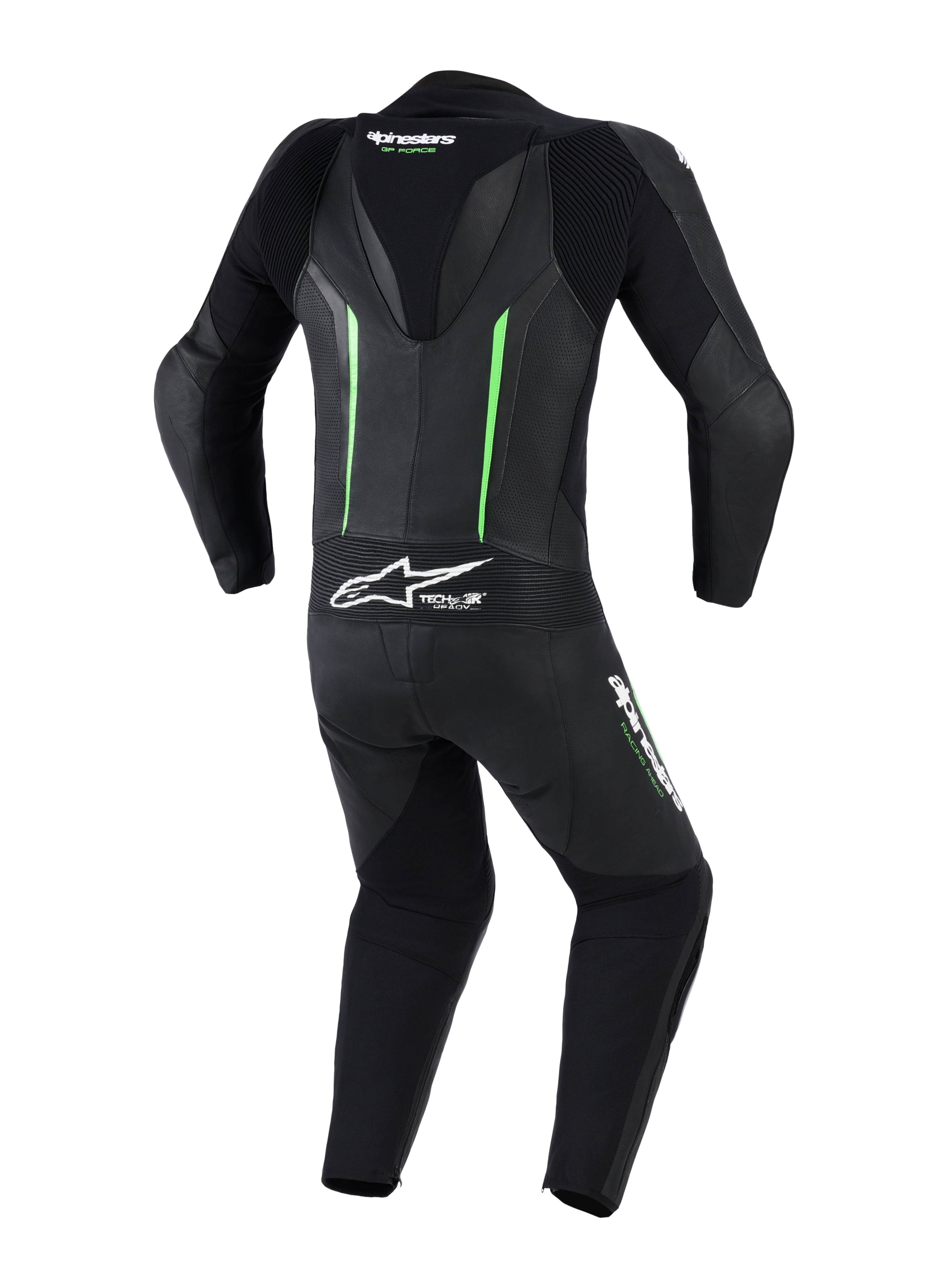 Alpinestars GP Force V2 Leather Suit - 1 Peça, vista traseira, preto com detalhes em verde fluorescente, com corcova aerodinâmica, painéis de pele perfurada, zonas elásticas sanfonadas e logótipo Tech-Air Ready, equipamento profissional de motociclismo