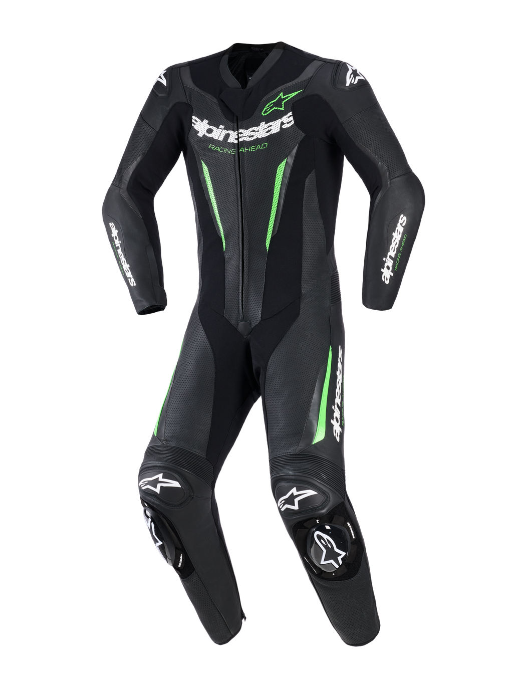 Fato de Pele Alpinestars GP Force V2 - 1 Peça, fato de motociclismo de uma peça, preto com detalhes verde néon e logótipos brancos, com painéis de pele perfurada, deslizadores externos DFS Lite nos ombros e joelhos, e um design sport-fit dedicado.