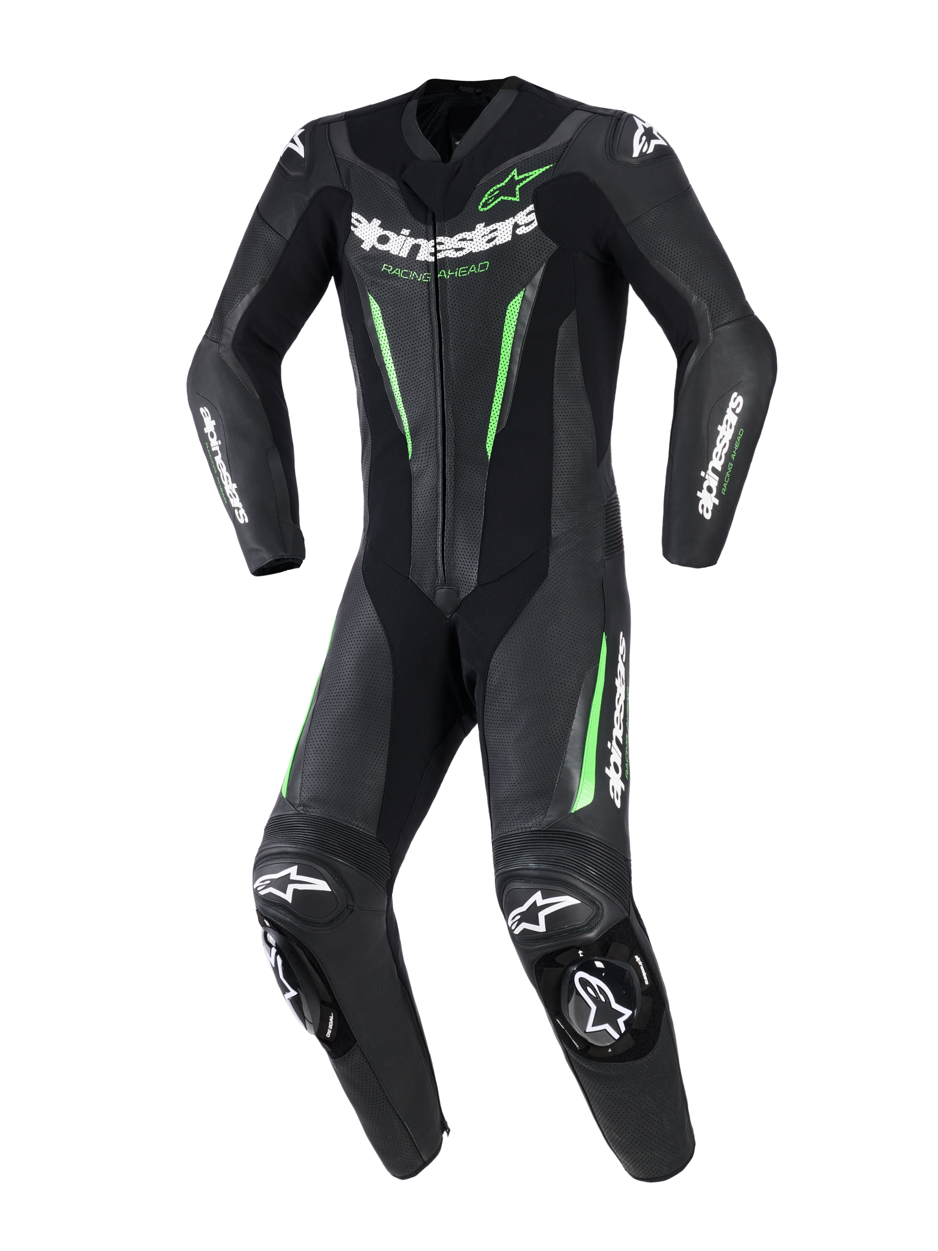 Fato de Pele Alpinestars GP Force V2 - 1 Peça, fato de motociclismo de uma peça, preto com detalhes verde néon e logótipos brancos, com painéis de pele perfurada, deslizadores externos DFS Lite nos ombros e joelhos, e um design sport-fit dedicado.