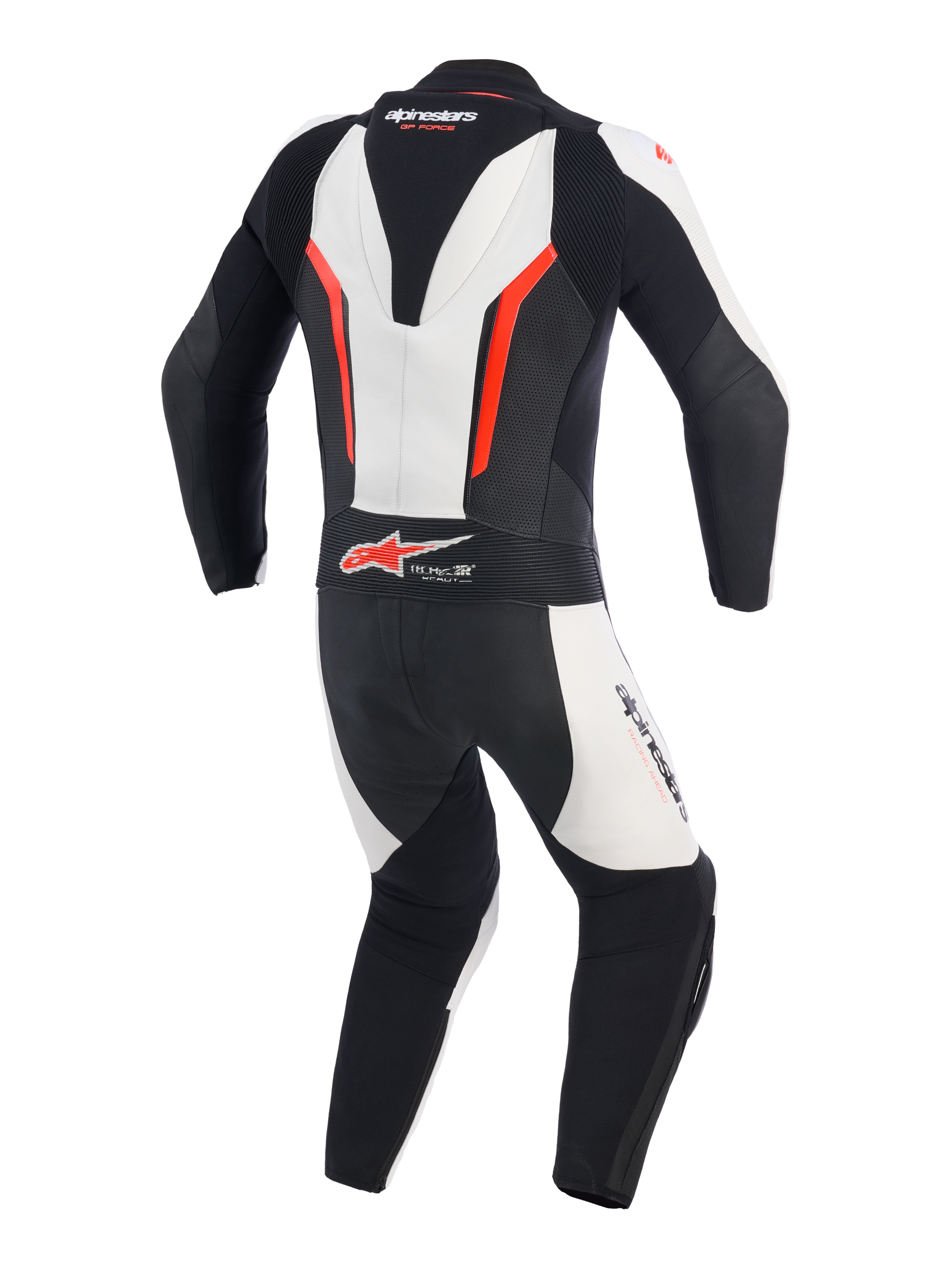 Alpinestars GP Force V2 Leather Suit - 1Piece, White Black and Red Fluo, back view showing aerodynamic speed hump, accordion leather expansion panels at the shoulders and lower back, perforated zones for ventilation, and Tech-Air Ready logo, professional racing suit for track performance