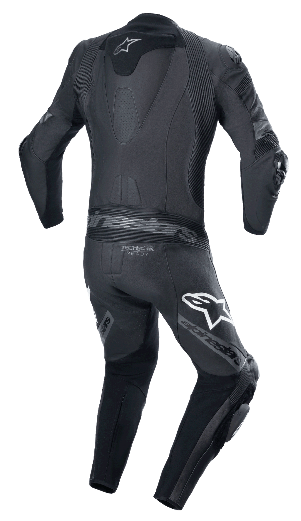 Alpinestars Missile V2 Ward 1-Piece Leather Suit, Black Metallic Gray, rear view featuring aerodynamic speed hump, accordion stretch panels on lower back and shoulders, Alpinestars branding on thighs, and Tech-Air Ready logo