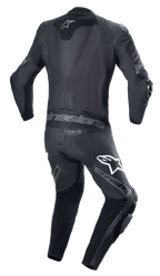 Alpinestars Missile V2 Ward 1-Piece Leather Suit, Black Metallic Gray, rear view featuring aerodynamic speed hump, accordion stretch panels on lower back and shoulders, Alpinestars branding on thighs, and Tech-Air Ready logo