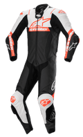 Alpinestars Missile V2 Ward 1-Piece Leather Suit, Motorcycle Racing Suit, Black with White and Red Fluo accents, aerodynamic design with front zipper and knee sliders, premium leather construction