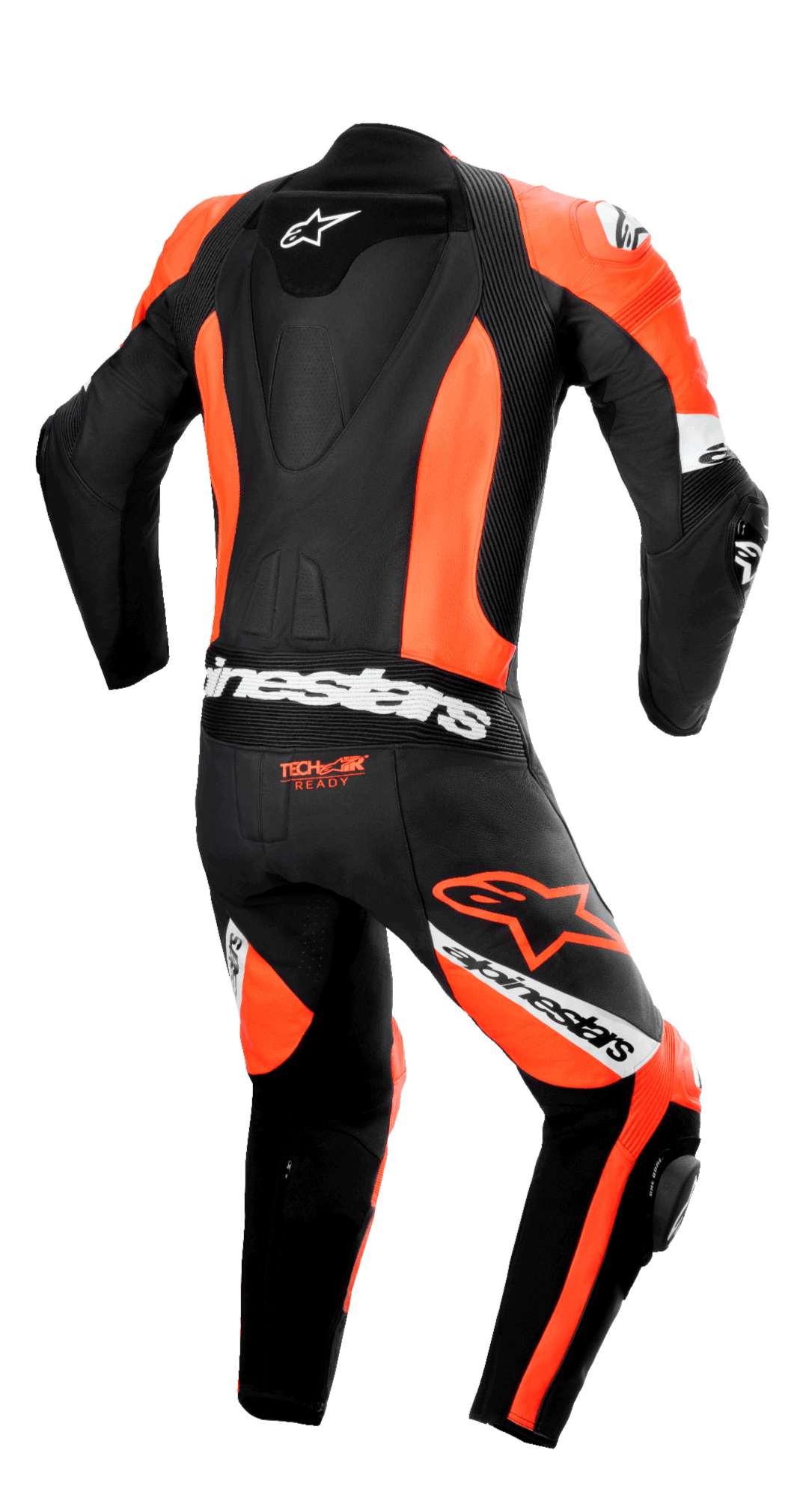 Alpinestars Missile V2 Ward 1-Piece Leather Suit, rear view, Black and Red Fluo with White accents, featuring a streamlined speed hump, accordion stretch panels on the lower back and knees, 'Tech-Air Ready' logo, and prominent Alpinestars branding for professional track racing.