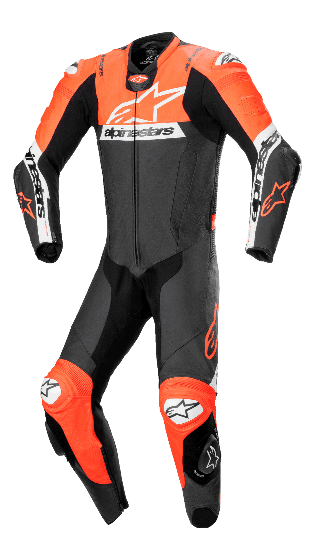 Alpinestars Missile V2 Ward 1-Piece Leather Suit, macacão de couro profissional para motociclismo em preto, vermelho fluo e branco, com um grande logótipo branco no peito, painéis de couro perfurado, zonas elásticas de acordeão nos joelhos e sliders de proteção integrados para performance em pista.