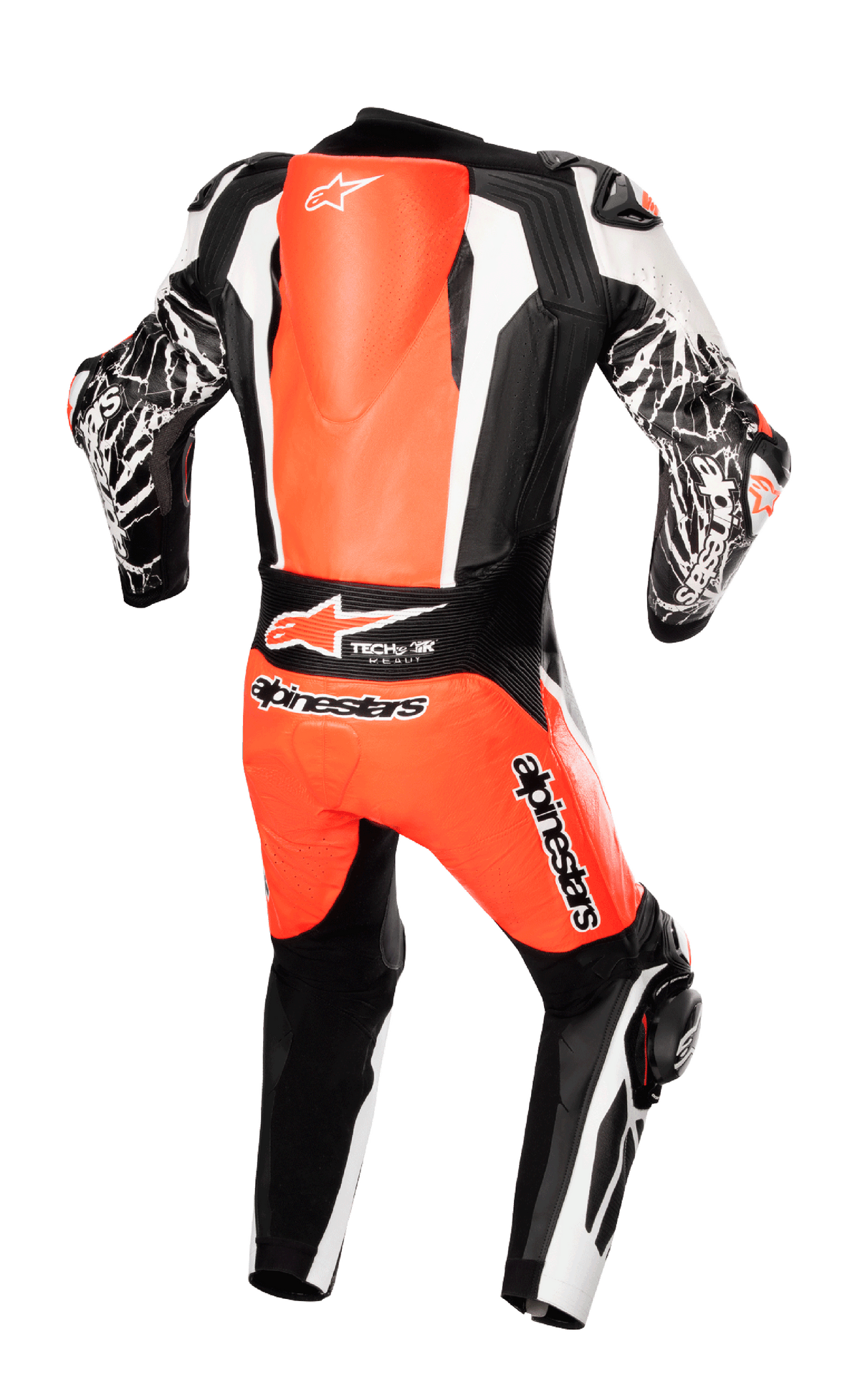 Alpinestars Racing Absolute V2 One Piece Leather Suit, Back view, Red Fluo White and Black, featuring an aerodynamic back hump, Tech-Air Ready branding, and marble-effect graphics on sleeves, professional motorcycle racing gear