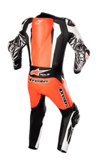 Alpinestars Racing Absolute V2 One Piece Leather Suit, Back view, Red Fluo White and Black, featuring an aerodynamic back hump, Tech-Air Ready branding, and marble-effect graphics on sleeves, professional motorcycle racing gear