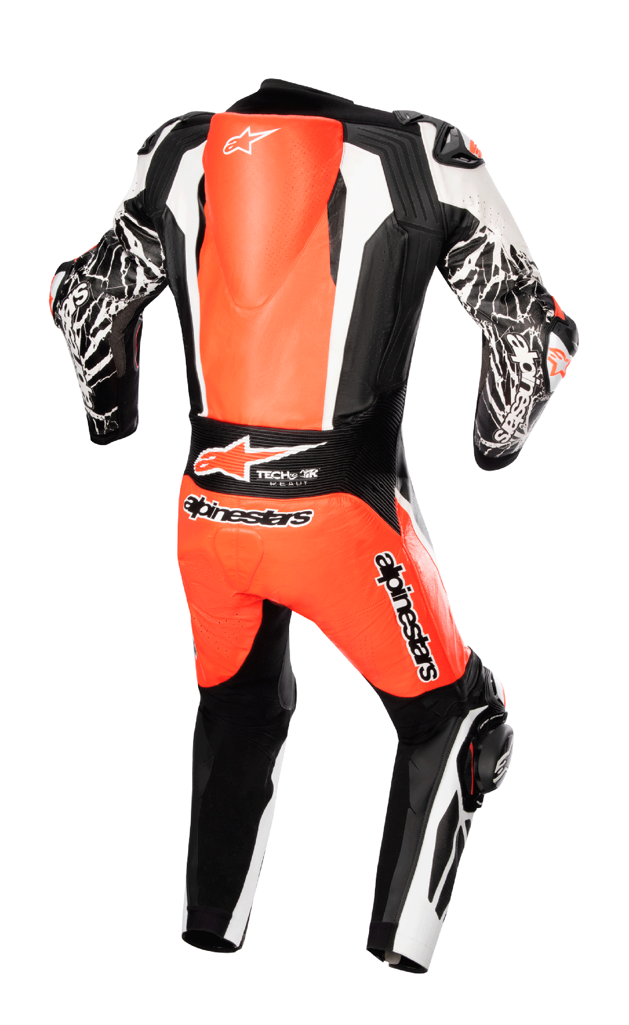 Alpinestars Racing Absolute V2 One Piece Leather Suit, Back view, Red Fluo White and Black, featuring an aerodynamic back hump, Tech-Air Ready branding, and marble-effect graphics on sleeves, professional motorcycle racing gear