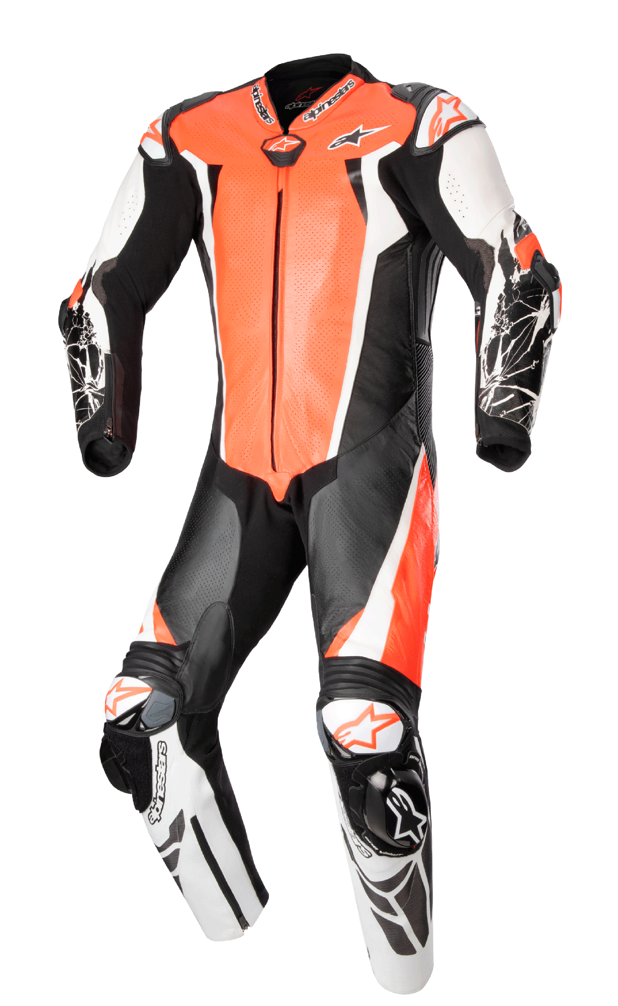 Alpinestars Racing Absolute V2 One Piece Leather Suit, Motorcycle Racing Suit, Red Fluo White and Black, featuring perforated chest panels, external DFS sliders on shoulders and knees, and graphic print details on the forearms, professional track gear.