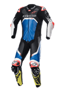 Alpinestars GP Tech V4 Leather Suit, One-Piece Motorcycle Racing Suit, Black Blue and Yellow Fluo with White and Red accents, professional track-ready design, featuring MATRYX panels and reinforced protection on shoulders and knees, premium leather construction for high-performance riding