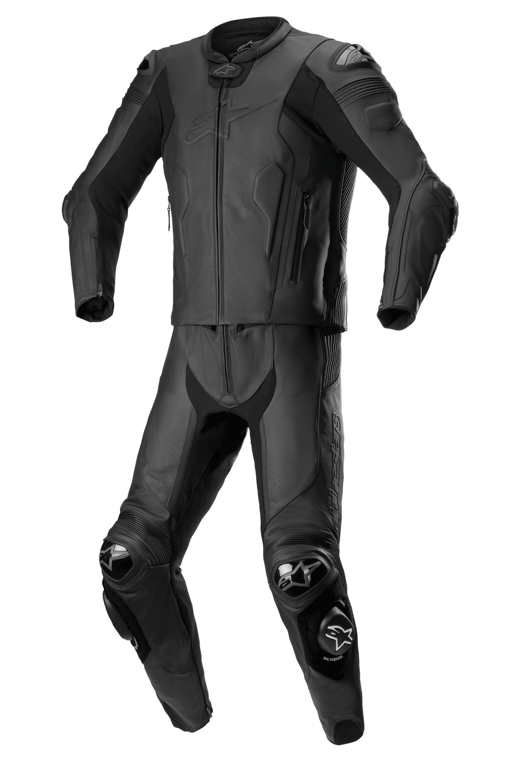 Alpinestars Missile V2 2-Piece Leather Suit, Black, Motorcycle Racing Suit, reinforced shoulders, elbows and knees with protective sliders, aerodynamic design with zippered jacket and pants, premium leather construction with textured panels