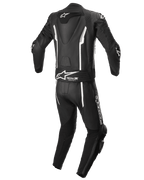 Alpinestars Missile V2 2-Piece Leather Suit, Motorcycle Racing Suit, Black and White, Rear view featuring aerodynamic hump, Tech-Air Ready stretch panel, white linear accents, and Alpinestars branding on the lower back and leg