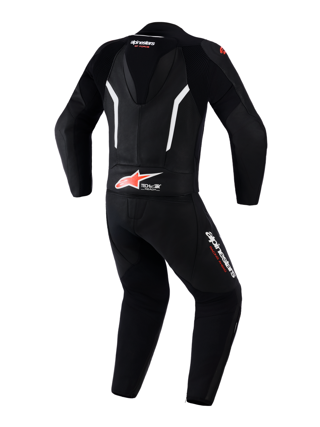 Alpinestars GP Force V2 Leather Suit 2-Piece, fato de corrida para motociclismo, preto, branco e vermelho fluo, vista traseira com corcova aerodinâmica, marcação Tech-Air Ready na zona lombar, painéis de pele perfurada para ventilação e logótipos Alpinestars nas pernas e pescoço.