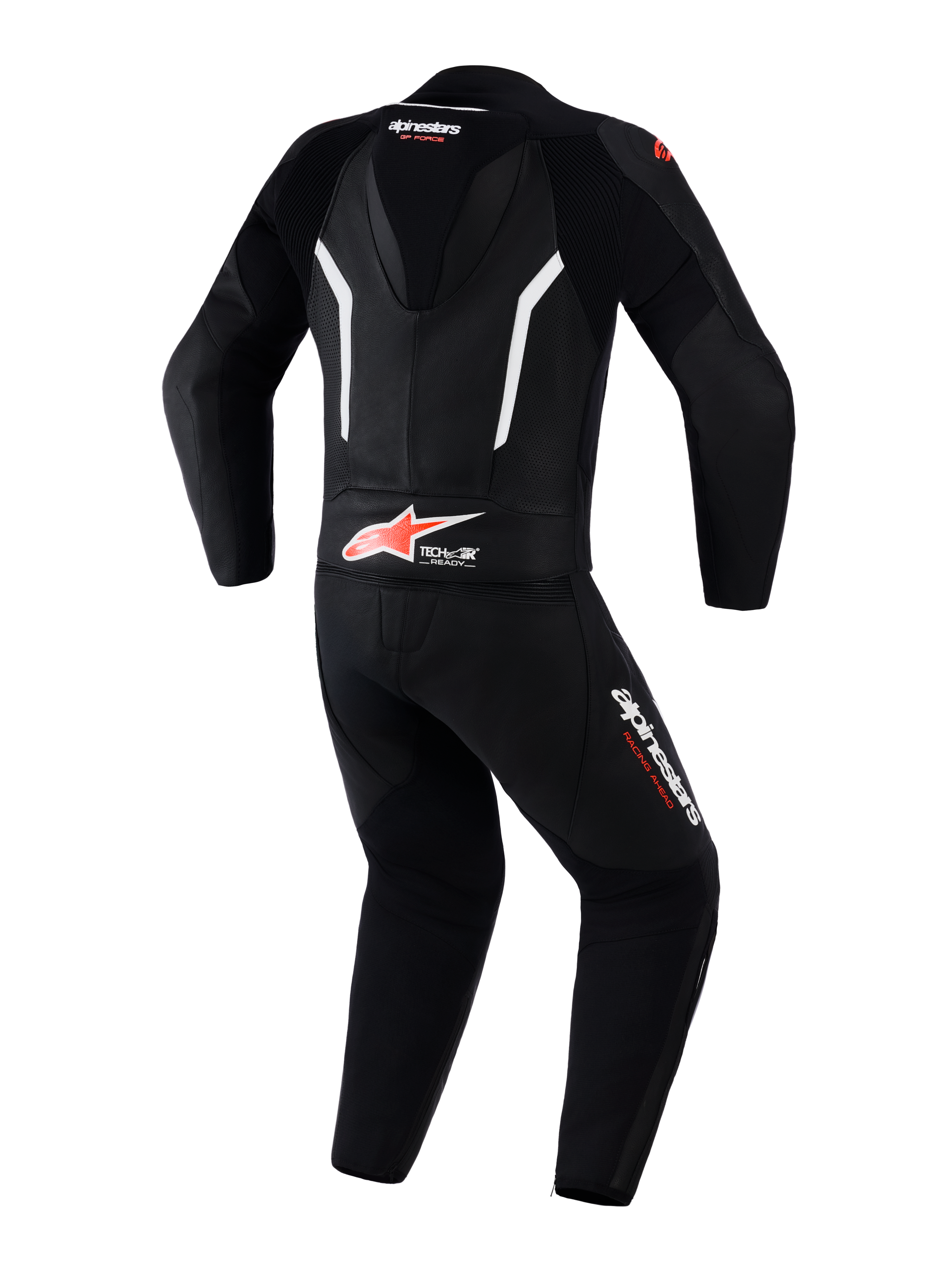 Alpinestars GP Force V2 Leather Suit 2-Piece, fato de corrida para motociclismo, preto, branco e vermelho fluo, vista traseira com corcova aerodinâmica, marcação Tech-Air Ready na zona lombar, painéis de pele perfurada para ventilação e logótipos Alpinestars nas pernas e pescoço.