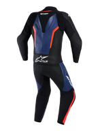 Alpinestars GP Force V2 Leather Suit 2-Piece, Rear View, Black with Blue and Red Fluo accents, professional motorcycle racing suit featuring an aerodynamic speed hump, white Tech-Air Ready branding on the waist, perforated leather panels, and accordion stretch zones for enhanced mobility.