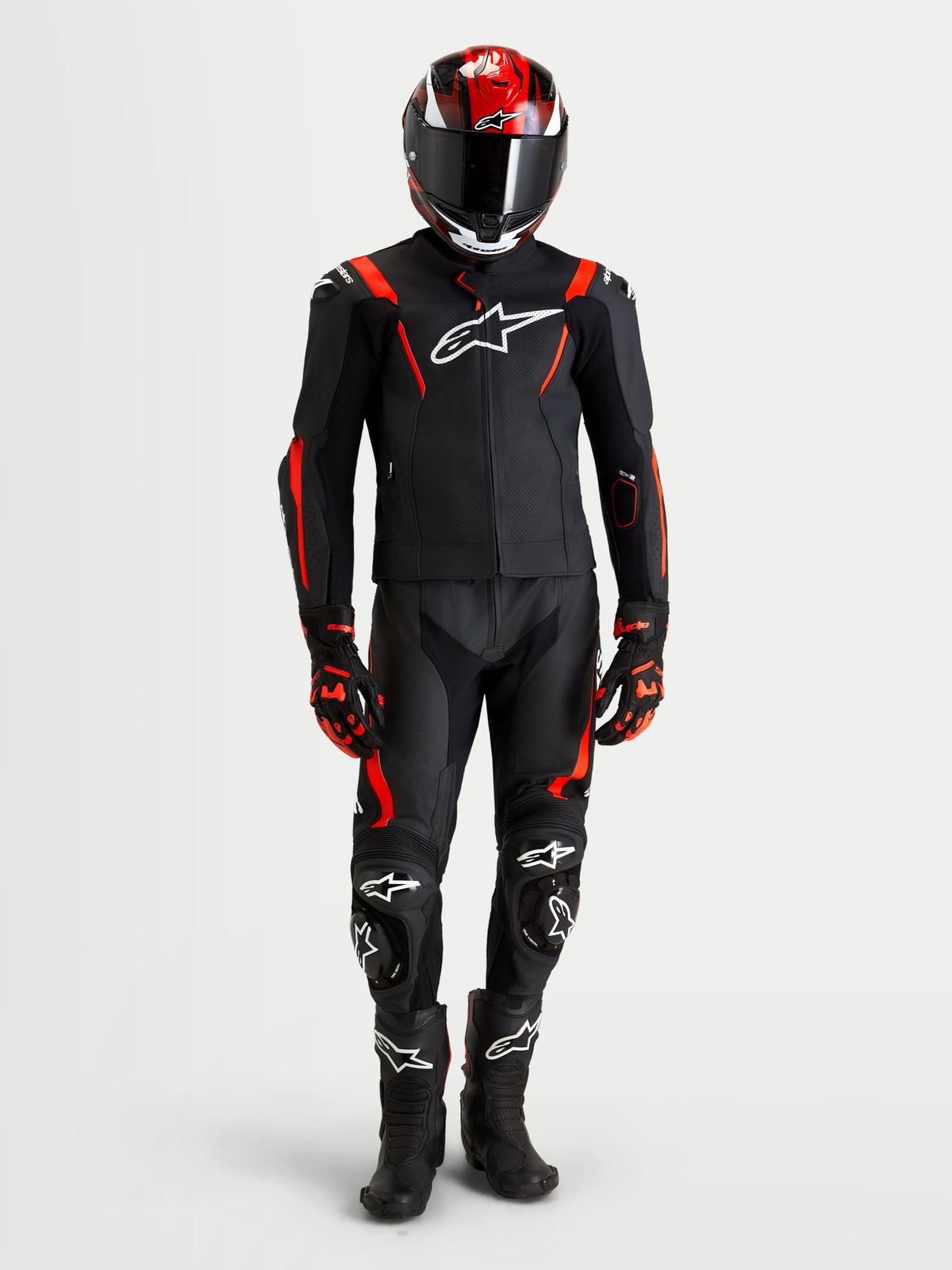 Alpinestars Missile V3 Leather Suit 2 Piece, Men's motorcycle racing leather suit, Black and Red Fluo, AAA-rated track-ready performance gear with integrated protection