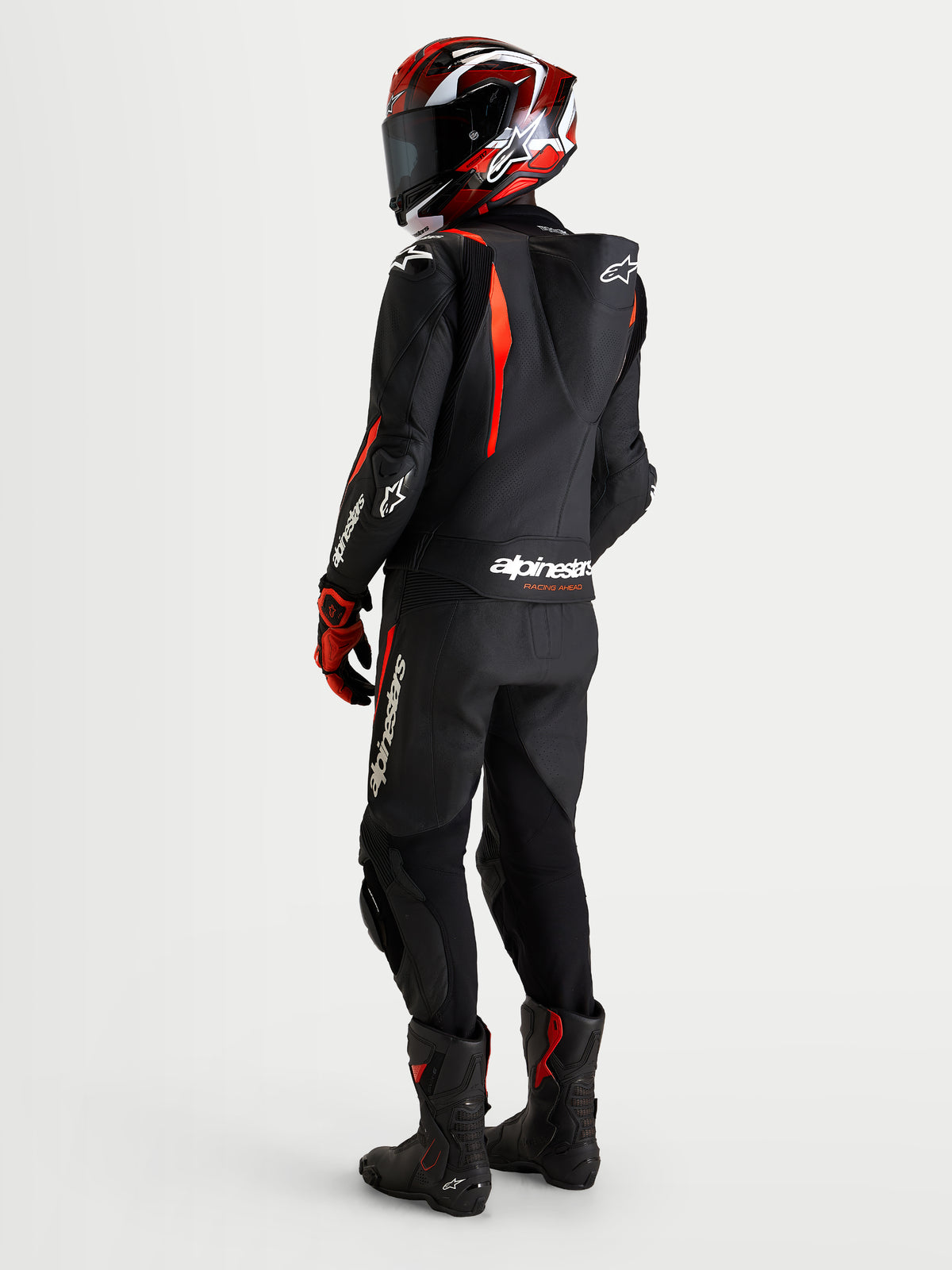 Alpinestars Missile V3 macacão de couro de 2 peças, preto e vermelho flúor, macacão de corrida para homem com capacete, vista traseira com corcunda aerodinâmica e proteção contra abrasão AAA
