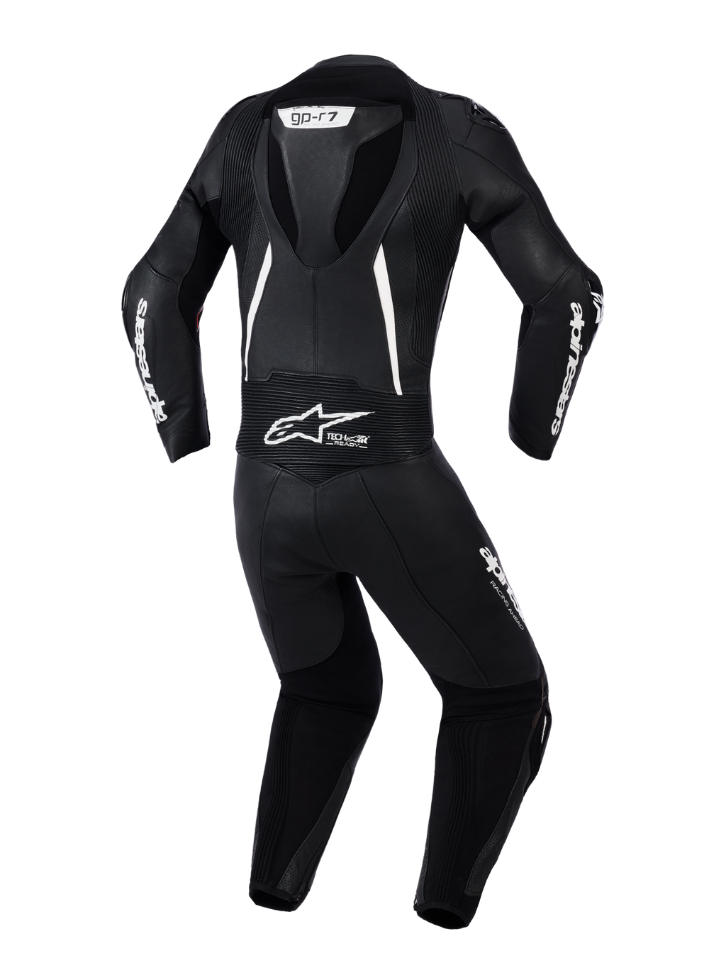 Fato de Cabedal de 2 Peças Alpinestars Stella GP-R7 para Mulher, vista traseira em preto com detalhes brancos, com corcova aerodinâmica integrada, painéis elásticos em acordeão nos ombros e na zona lombar, pele perfurada para ventilação e logótipos Alpinestars em destaque.