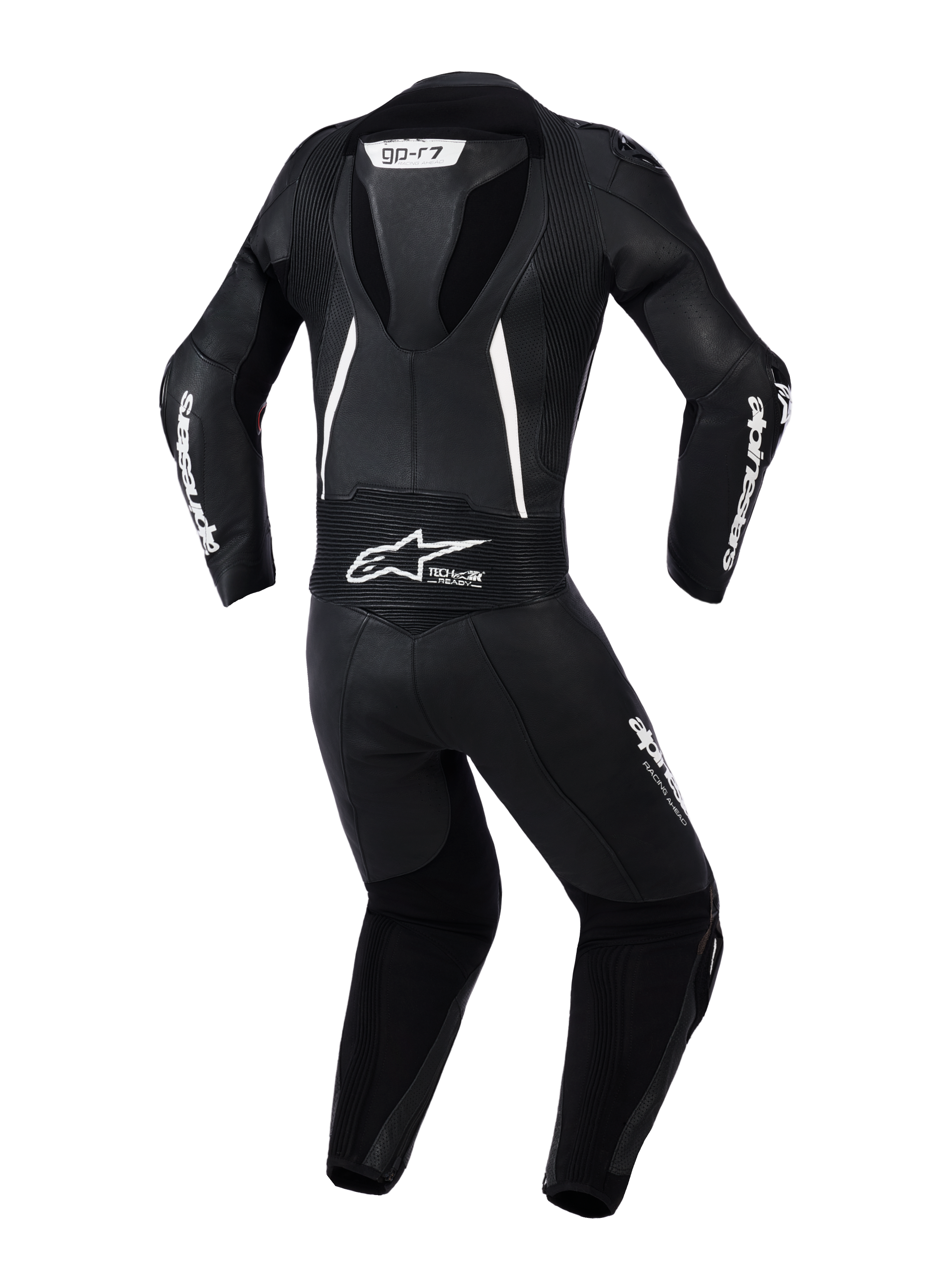 Fato de Cabedal de 2 Peças Alpinestars Stella GP-R7 para Mulher, vista traseira em preto com detalhes brancos, com corcova aerodinâmica integrada, painéis elásticos em acordeão nos ombros e na zona lombar, pele perfurada para ventilação e logótipos Alpinestars em destaque.