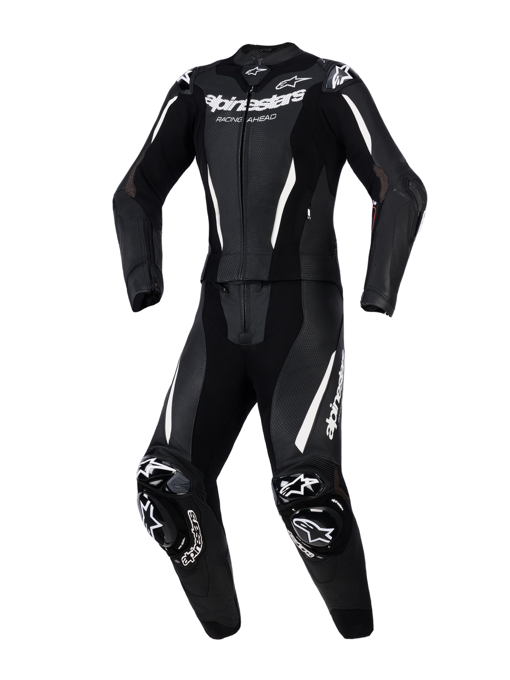 Fato de cabedal Alpinestars Stella GP-R7 de 2 peças, fato de motociclismo para mulher, preto com detalhes e logótipos em branco, com pele perfurada para ventilação, proteções externas DFS nos ombros e joelhos e ajuste atlético pré-curvado