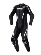 Fato de cabedal Alpinestars Stella GP-R7 de 2 peças, fato de motociclismo para mulher, preto com detalhes e logótipos em branco, com pele perfurada para ventilação, proteções externas DFS nos ombros e joelhos e ajuste atlético pré-curvado