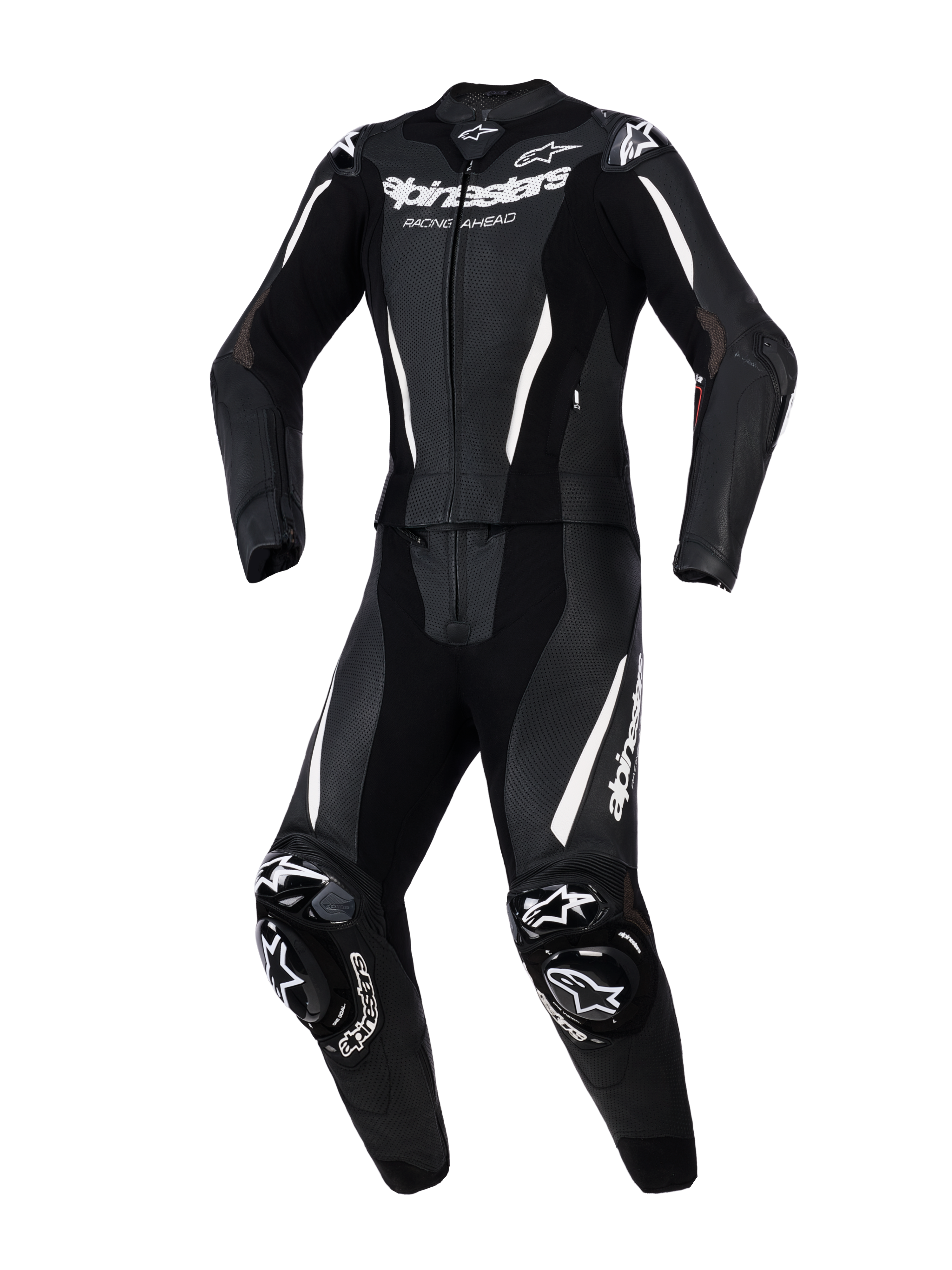 Fato de cabedal Alpinestars Stella GP-R7 de 2 peças, fato de motociclismo para mulher, preto com detalhes e logótipos em branco, com pele perfurada para ventilação, proteções externas DFS nos ombros e joelhos e ajuste atlético pré-curvado