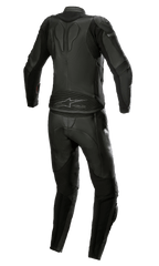Alpinestars Women Stella GP Plus 2-Piece Leather Suit, Black Metallic Gray, Rear view showcasing streamlined design with accordion stretch panels, protective leather construction, and Alpinestars branding on the lower back, specifically tailored for a women's race fit.