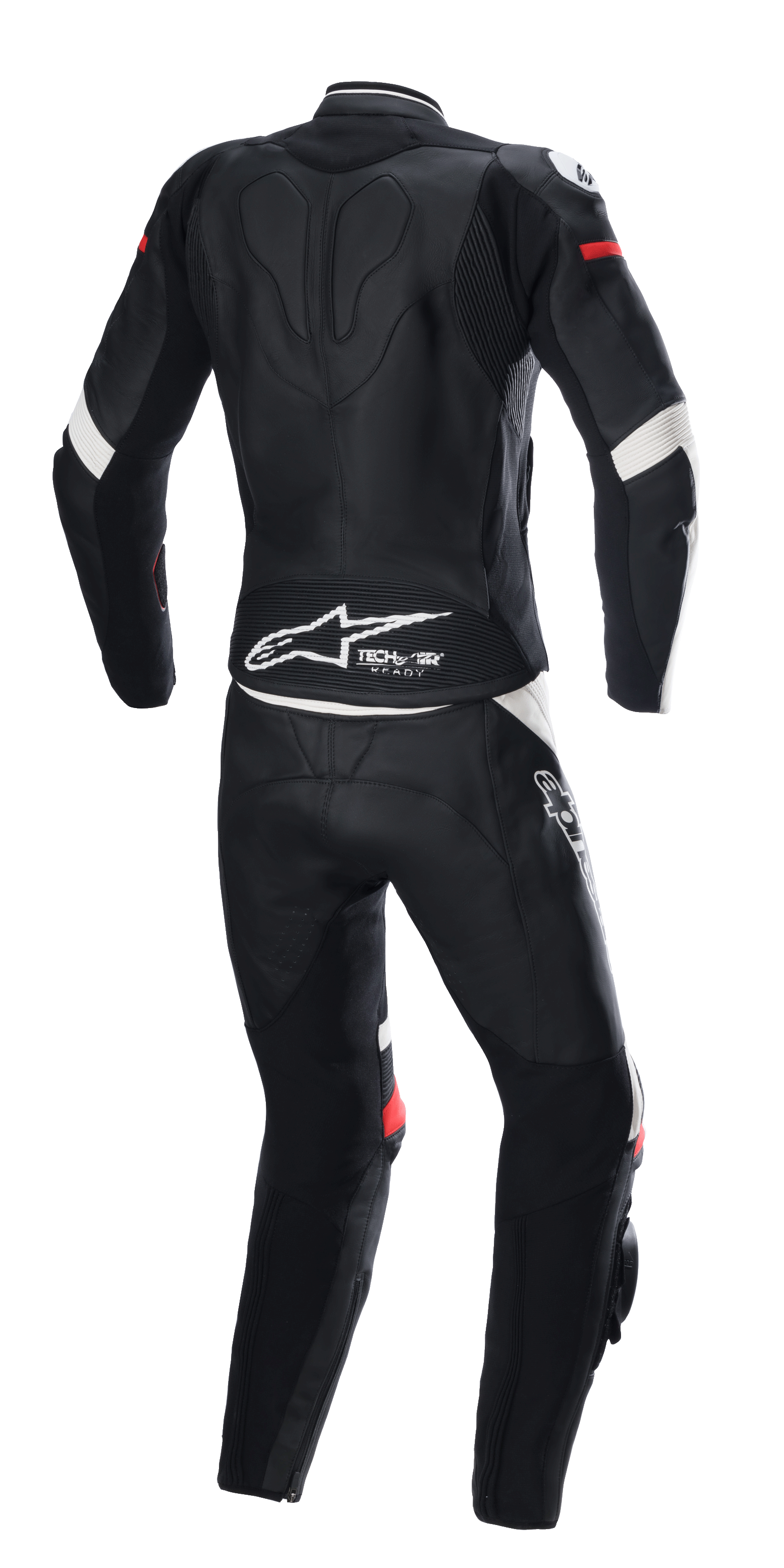 Alpinestars Stella GP Plus 2-Piece Leather Suit, preto, branco e vermelho brilhante, vista traseira, com marca Tech-Air Ready e logótipo Alpinestars na zona lombar, macacão de proteção ergonómico com painéis elásticos para corridas de motociclismo