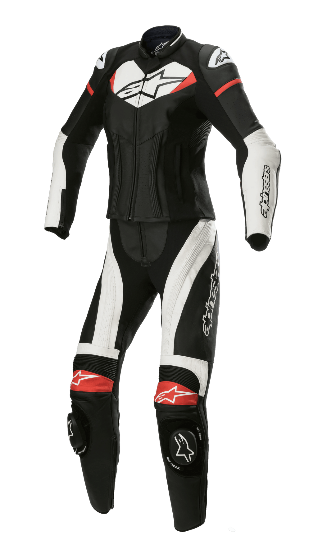 Alpinestars Stella GP Plus, fato de pele de duas peças para mulher, preto com detalhes em branco e vermelho brilhante, construção em pele com perfil aerodinâmico, incluindo proteções de ombros DFS Lite, sliders de joelho e painéis elásticos para um ajuste feminino específico