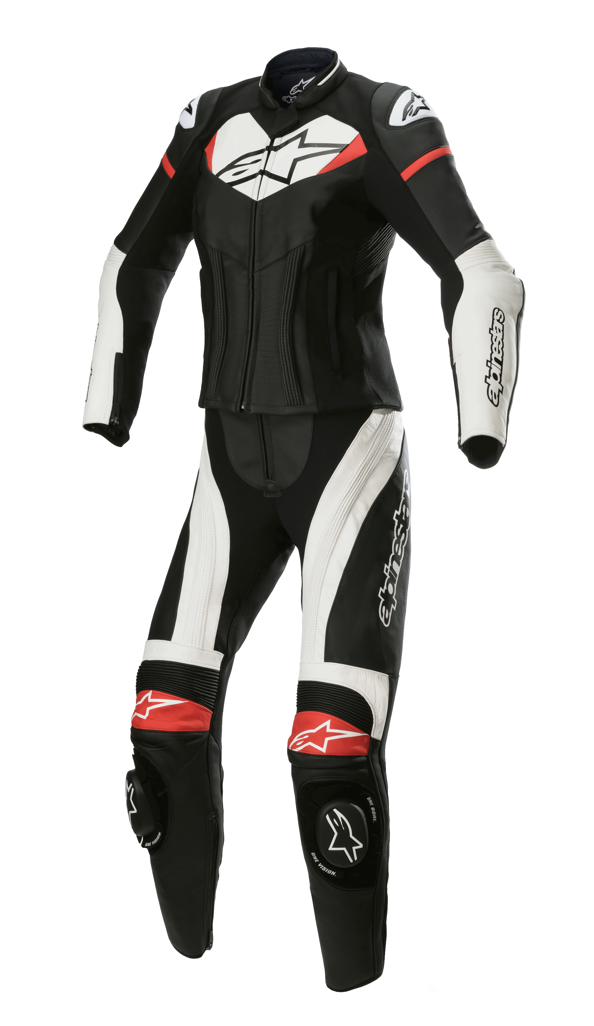 Alpinestars Stella GP Plus, fato de pele de duas peças para mulher, preto com detalhes em branco e vermelho brilhante, construção em pele com perfil aerodinâmico, incluindo proteções de ombros DFS Lite, sliders de joelho e painéis elásticos para um ajuste feminino específico