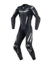 Alpinestars Stella GP-R7 1-Piece Leather Suit, fato de motociclismo feminino em preto, com logótipos brancos e pele perfurada, corte de corrida aerodinâmico com deslizadores nos ombros e joelhos, equipamento de proteção profissional para pista