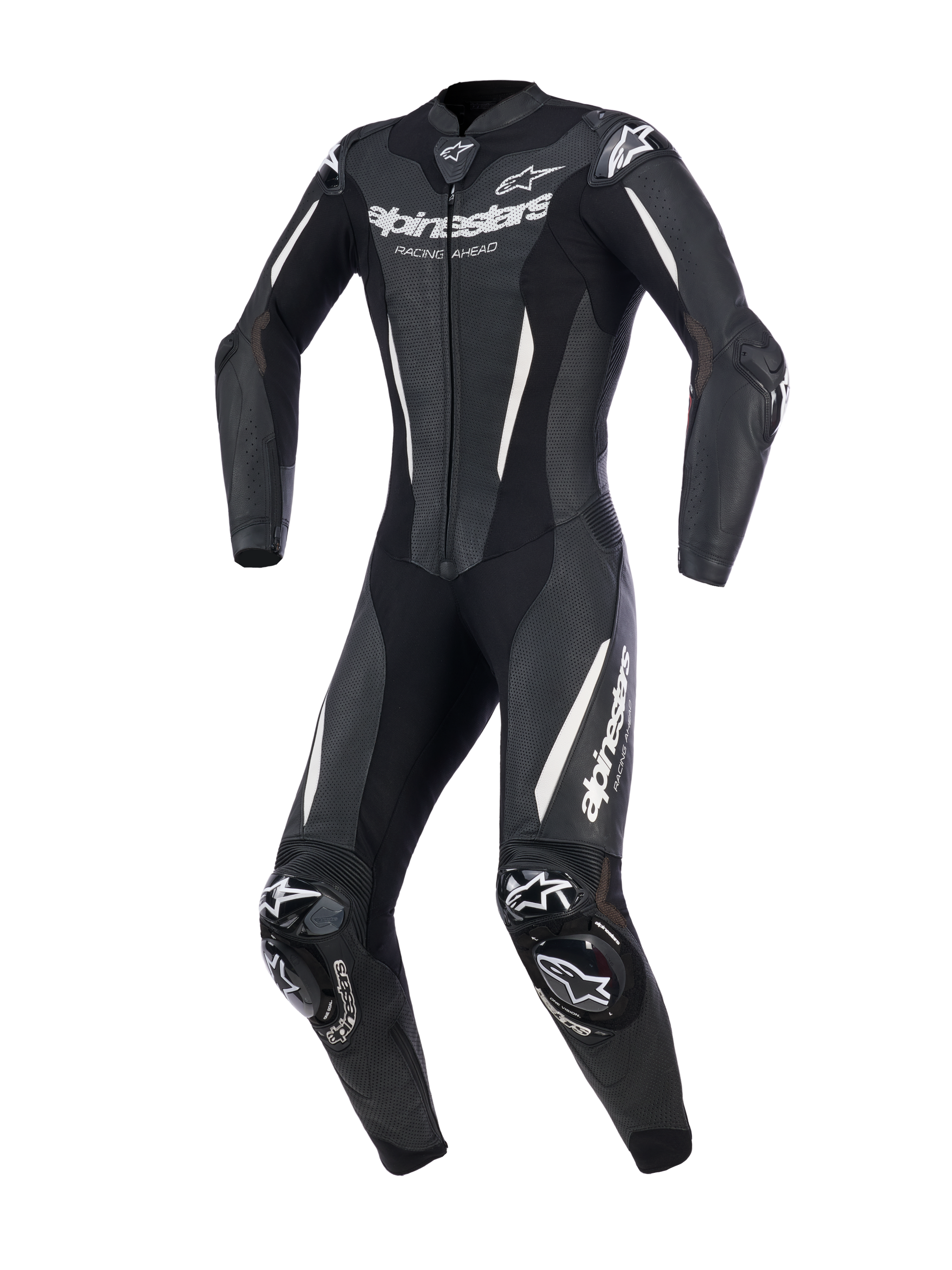 Alpinestars Stella GP-R7 1-Piece Leather Suit, fato de motociclismo feminino em preto, com logótipos brancos e pele perfurada, corte de corrida aerodinâmico com deslizadores nos ombros e joelhos, equipamento de proteção profissional para pista
