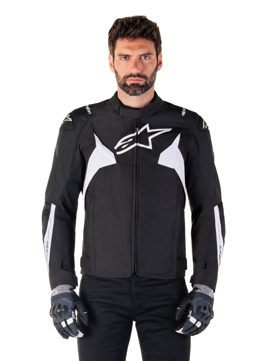 Alpinestars T-Jaws V4 Waterproof Jacket, Black and White, men's sport textile motorcycle jacket, featuring a white star logo on the chest, white shoulder accents, and white forearm stripes, high collar, athletic fit for road riding