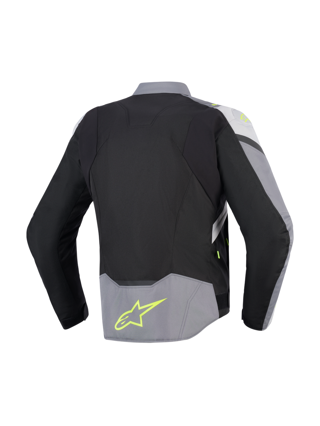 Alpinestars T-Jaws V4 Waterproof Jacket, Rear View, Black Ice Gray and Dark Gray, textile motorcycle jacket with fluorescent yellow accents and logo on lower back, sport fit with extended rear profile