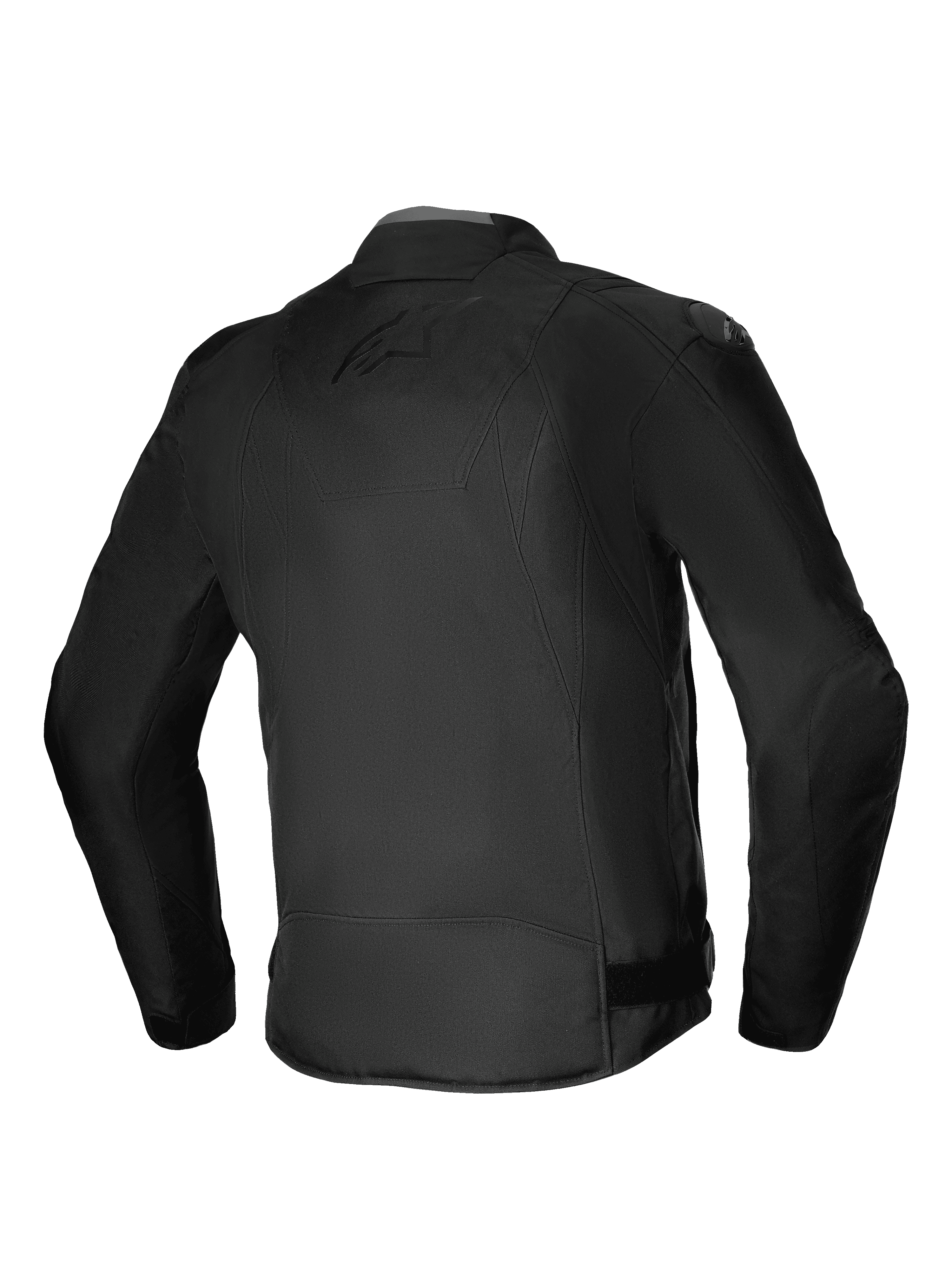 Casaco Impermeável Alpinestars T-SP 1 V2, casaco de motociclismo têxtil, preto, vista traseira que destaca a silhueta desportiva 3D, deslizadores de ombro DFS Lite e logótipo tonal subtil nas costas, equipamento durável para todas as condições climatéricas