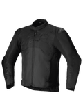 Alpinestars T-SP 1 V2 Waterproof Jacket, casaco de motociclismo têxtil desportivo, preto, com gola de perfil baixo, mangas compridas pré-curvadas, fecho frontal, deslizadores de ombro DFS Lite e logótipo Alpinestars tonal no peito.