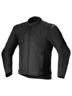Alpinestars T-SP 1 V2 Waterproof Jacket, casaco de motociclismo têxtil desportivo, preto, com gola de perfil baixo, mangas compridas pré-curvadas, fecho frontal, deslizadores de ombro DFS Lite e logótipo Alpinestars tonal no peito.