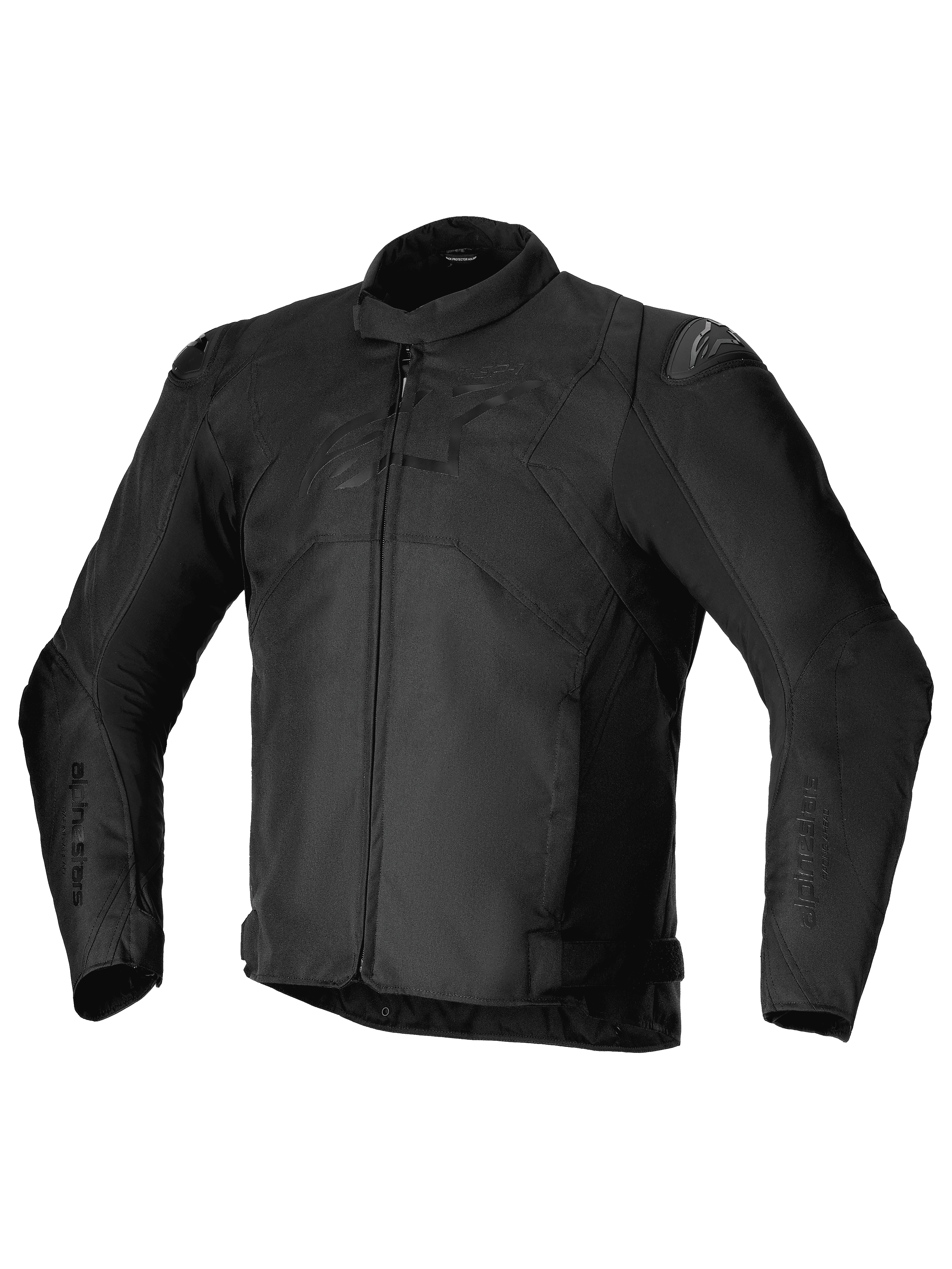 Alpinestars T-SP 1 V2 Waterproof Jacket, casaco de motociclismo têxtil desportivo, preto, com gola de perfil baixo, mangas compridas pré-curvadas, fecho frontal, deslizadores de ombro DFS Lite e logótipo Alpinestars tonal no peito.