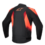 Alpinestars T-SP 1 V2 Waterproof Jacket, rear view, Black and Red Fluo, textile motorcycle jacket featuring a bold red Astars logo on the upper back, sublimated graphics, and a sport tailored silhouette