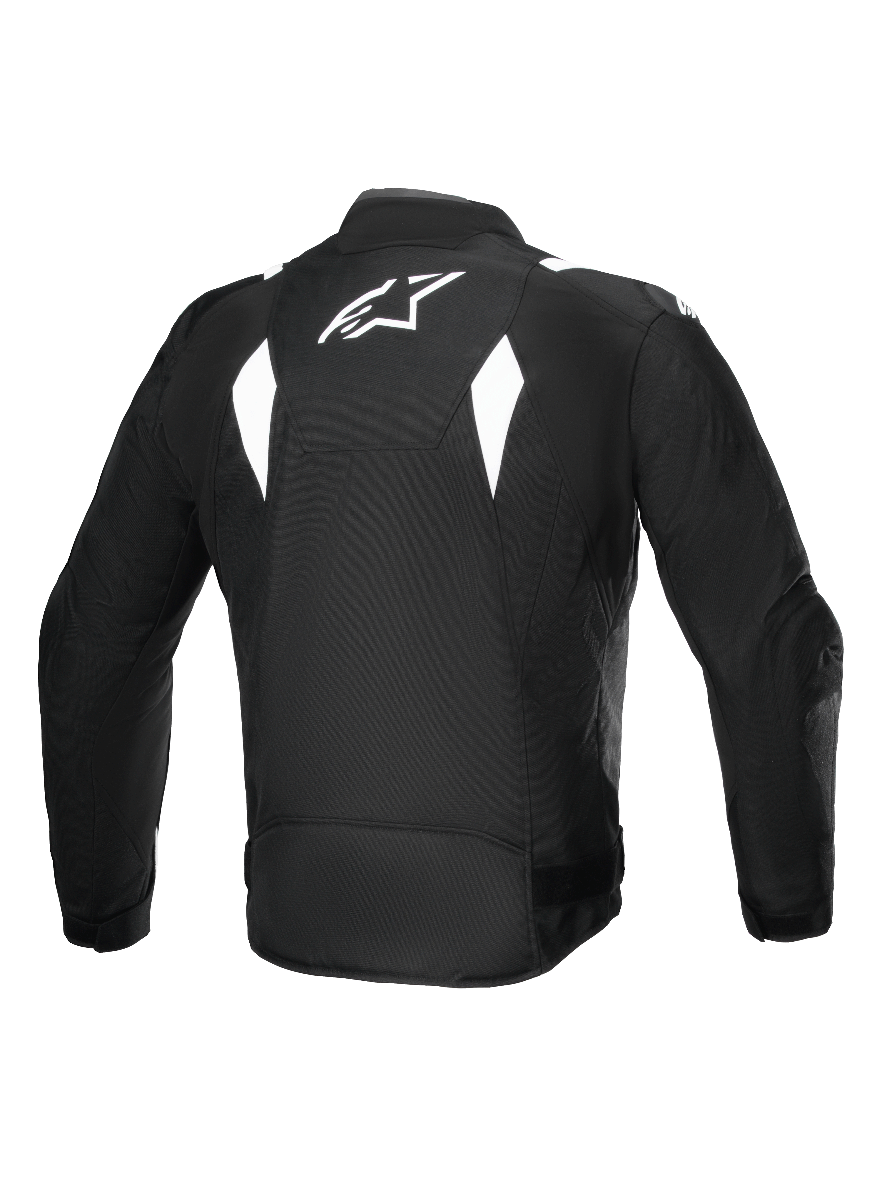 Alpinestars T-SP 1 V2 Waterproof Jacket, Back View, Black and White, white Alpinestars logo on upper back, textile motorcycle jacket with angular white accents, sport silhouette